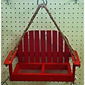 Wooden Hanging Red Bird Feeder Bench Swing Seat Seed Garden Handcrafted USA